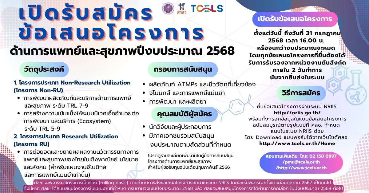 TCELS เปิดรับข้อเสนอโครงการด้านการแพทย์และสุขภาพ ปี2568 (ด้าน ATMPs genomics Drug)